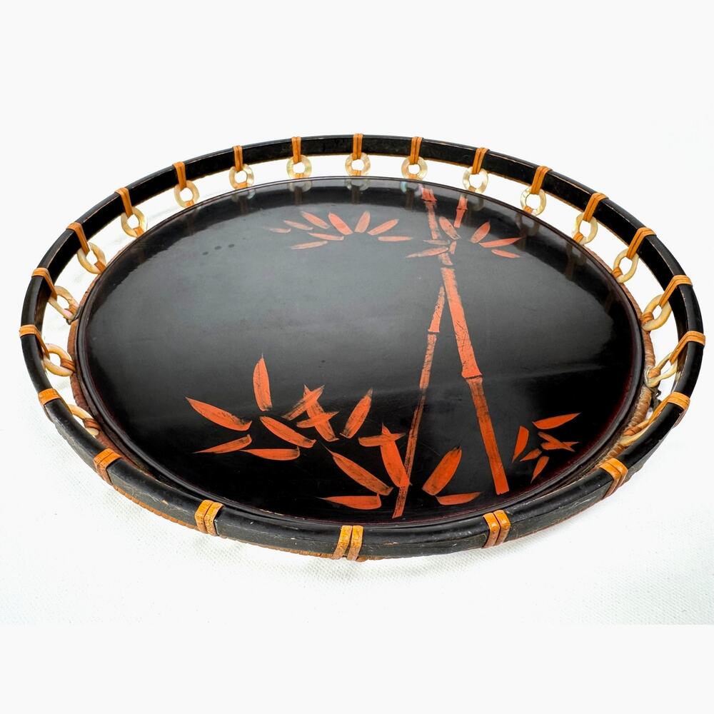 Vintage Japanese Black Lacquer Bamboo Tray Mother of Pearl Rattan